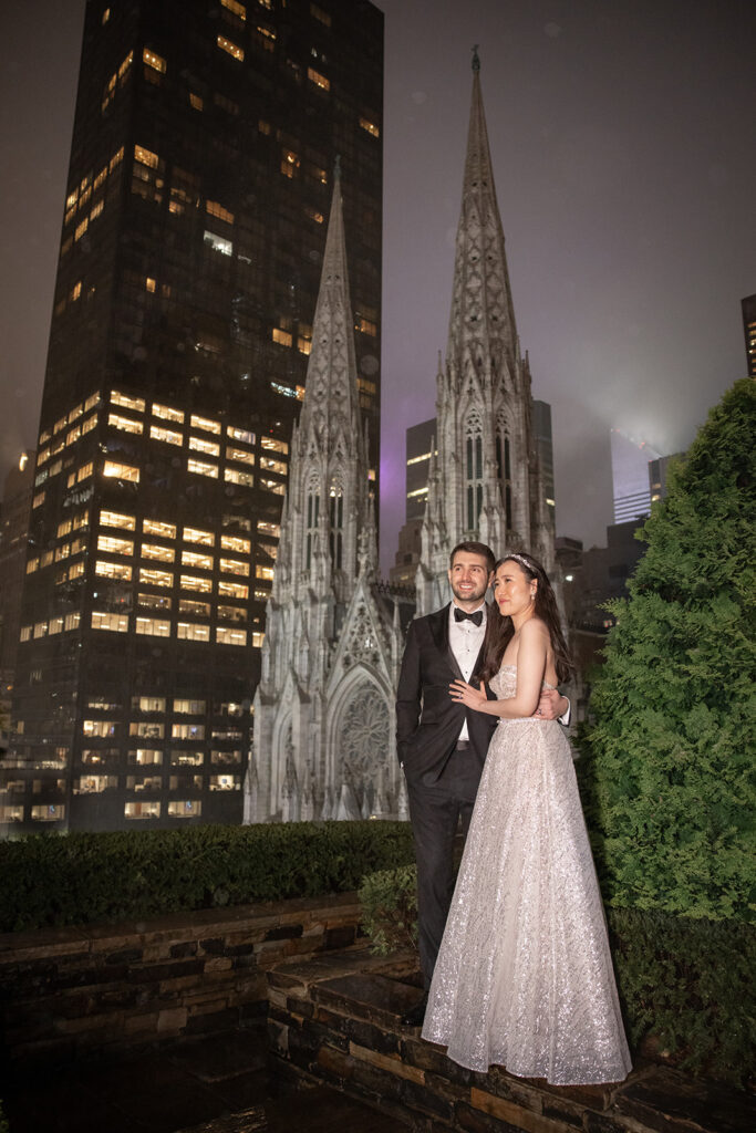 romantic nighttime rainy rooftop wedding portraits at 620 Loft and Garden