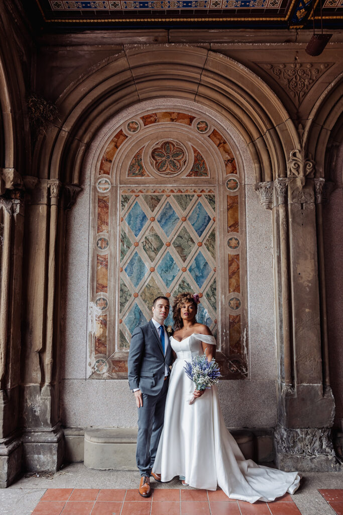 bride and groom at bethesda terrace for their new york city elopement