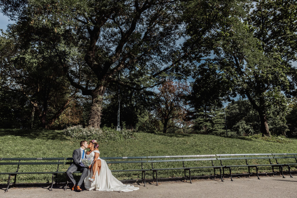 bride and groom in central park