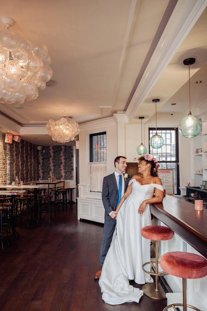 bride and groom indoor elopement portraits at Sundry, NYC