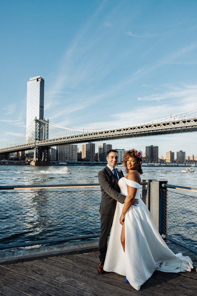 bride and groom New York City elopement portraits in DUMBO