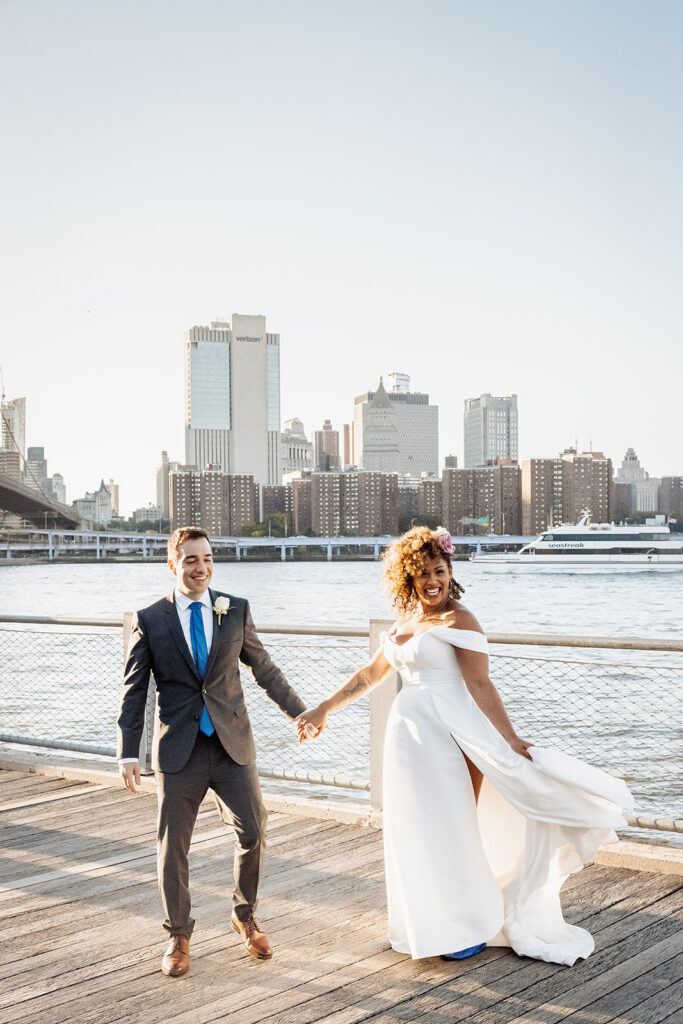 bride and groom New York City elopement portraits in DUMBO