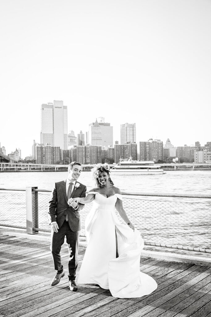 bride and groom New York City elopement portraits in DUMBO