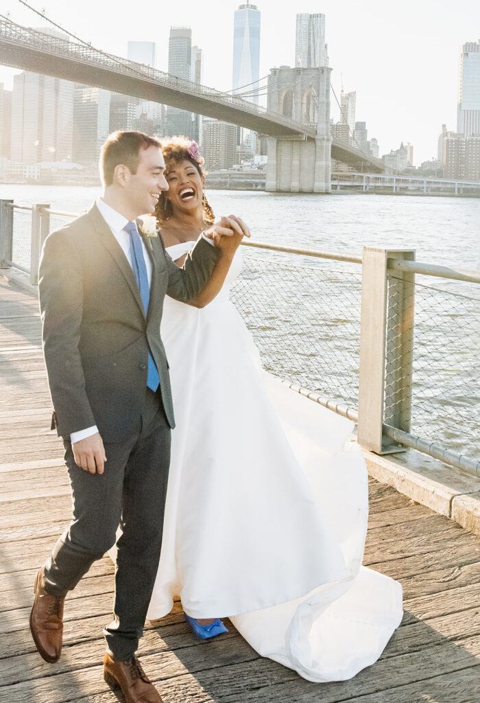 bride and groom New York City elopement portraits in DUMBO