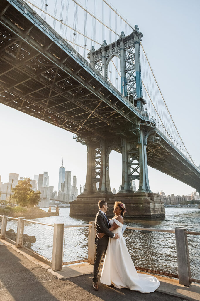 bride and groom New York City elopement portraits in DUMBO