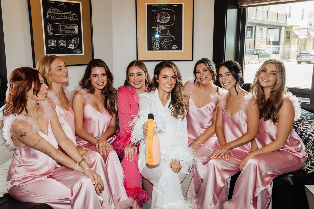 bride and bridesmaids in cute satin PJs before the big day