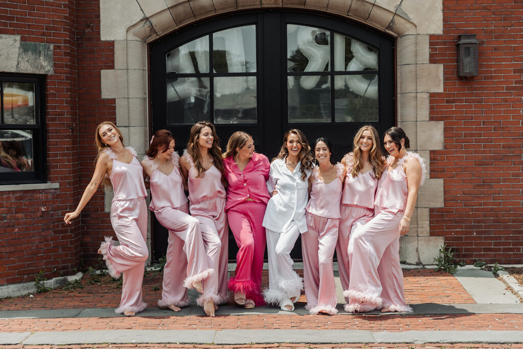 bride and bridesmaids in cute satin PJs before the big day